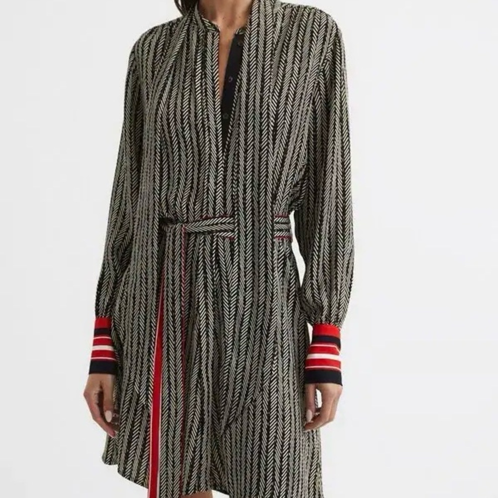 Reiss Black and White Chevron Shirt Dress with Red-Trim Cuffs